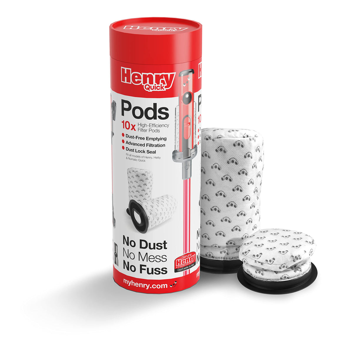Two white Henry Quick filter pods with black plastic seals, one upright and one showing its opening.