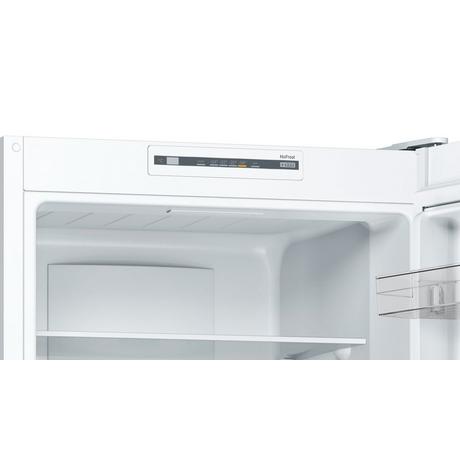 Bosch KGN33NWEBG 60cm white frost free fridge freezer showing interior shelves and storage compartments