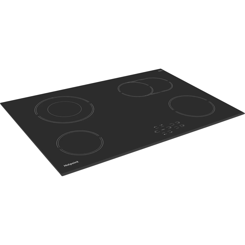 Hotpoint HR724CH black ceramic hob with double ring zone and touch control buttons, sleek electric cooktop for modern kitchens.