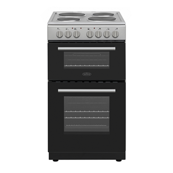 Belling BFSE51DO SIL 50cm Double Oven Freestanding Cooker - 4 Zone Solid Plate Hob - Silver