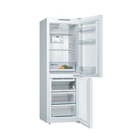 Bosch KGN33NWEBG 60cm white frost-free fridge freezer with two doors and digital display, showing interior storage compartments.