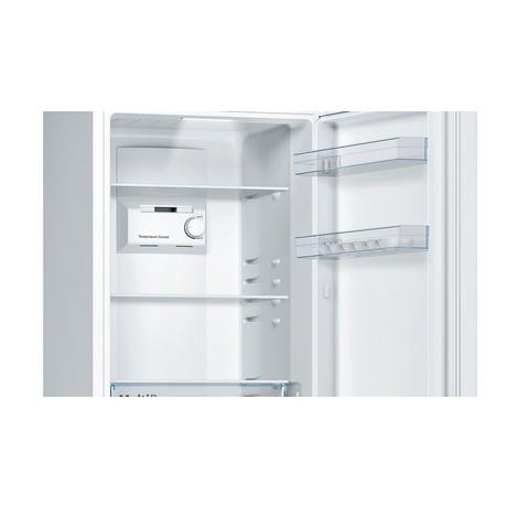 Bosch KGN33NWEBG 60cm white frost-free fridge freezer showing interior shelves and storage compartments.