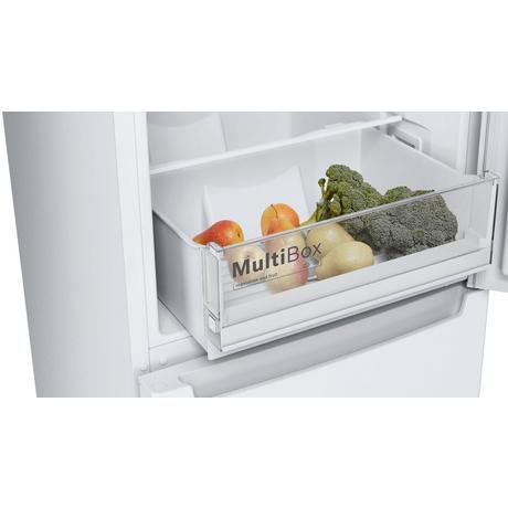 Bosch KGN33NWEBG 60cm white frost-free fridge freezer with dual doors and adjustable shelves.