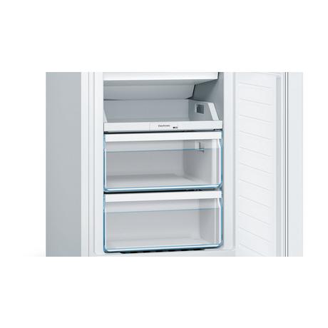 Bosch KGN33NWEBG 60cm white frost-free fridge freezer showing interior shelves and storage compartments.