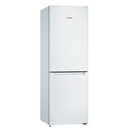 Bosch KGN33NWEBG 60cm white frost free fridge freezer with dual doors and interior shelves, showcasing a clean, modern kitchen appliance
