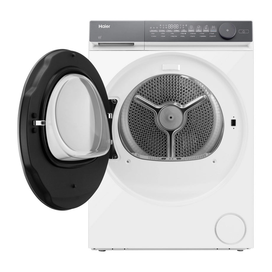Haier HD100-C367U1-UK 10kg white heat pump tumble dryer with digital display and control panel, front view showing the door and vent.