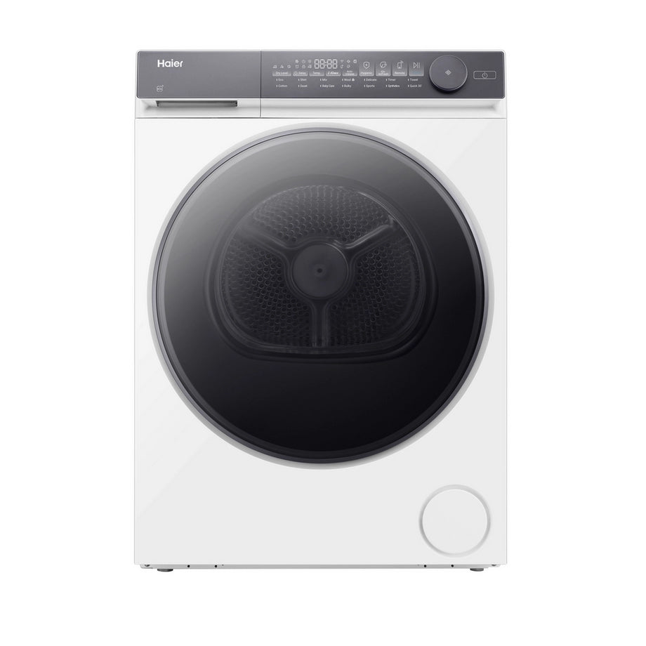 Haier 10kg white heat pump tumble dryer with digital controls and vented door for efficient laundry drying.