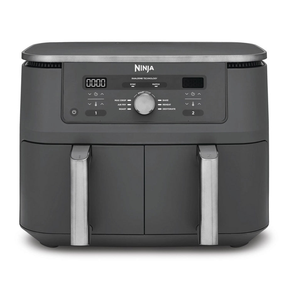 Ninja DZ400UK 9.5L dual zone air fryer in gun metal grey with digital controls and two cooking baskets for versatile frying.